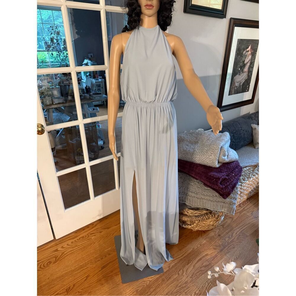 Show Me Your MuMu Light Blue Chiffon Halter Maxi Dress w/ Short Underskirt Sz L